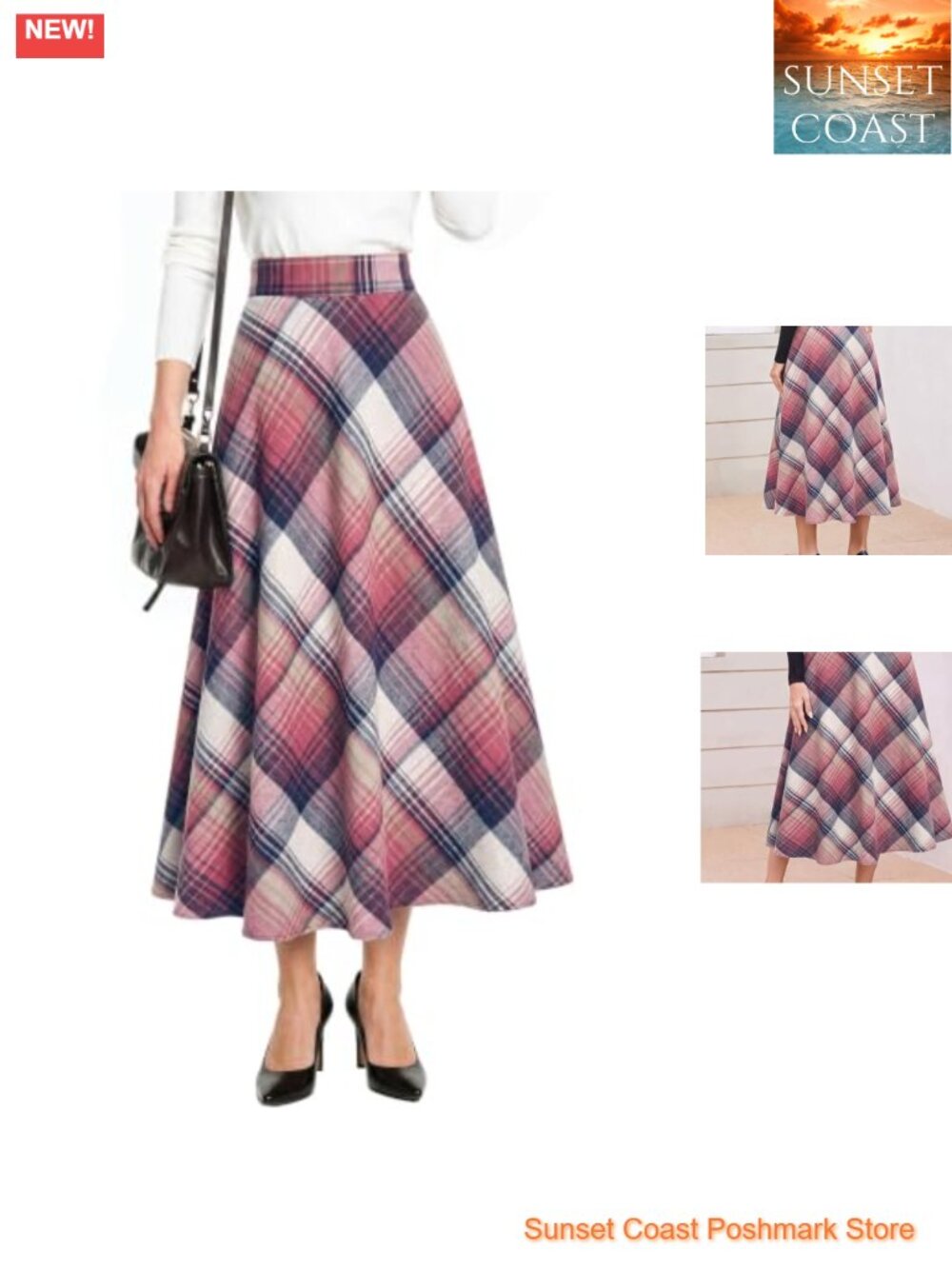 Plaid A-Line Midi Skirt Elastic Waist with Pockets Casual Winter